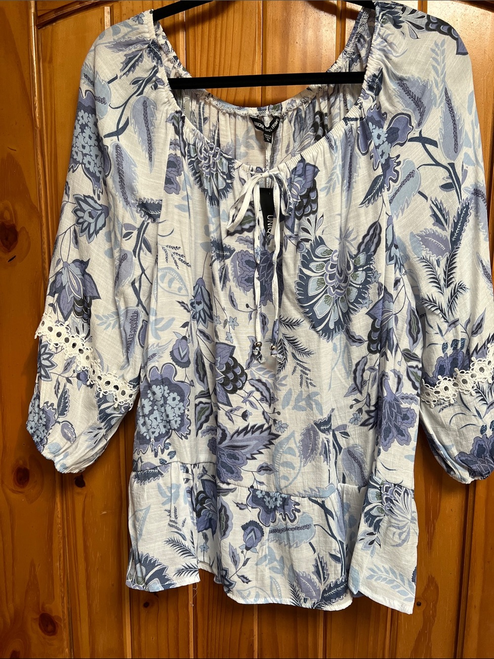 Unique Spectrum Light Blue & Navy Floral Peasant Blouse